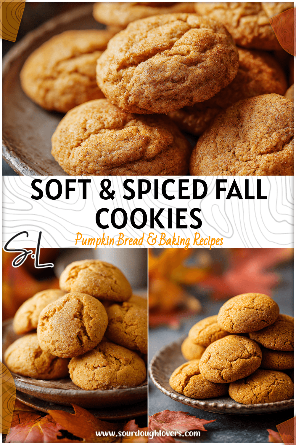 Soft pumpkin spice cookies on a rustic plate surrounded by autumn leaves for Super Easy Fall Desserts.